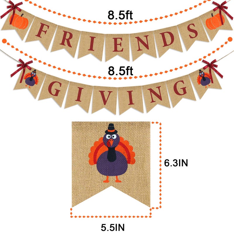 Partyprops Friendsgiving Banner Burlap | Thanksgiving Decorations | Thanks Giving Burlap Banner | Rustic Friends Giving Turkey Pumpkin Bunting for Thanksgiving Party Supplies Fireplace Mantle Decor - Image 3
